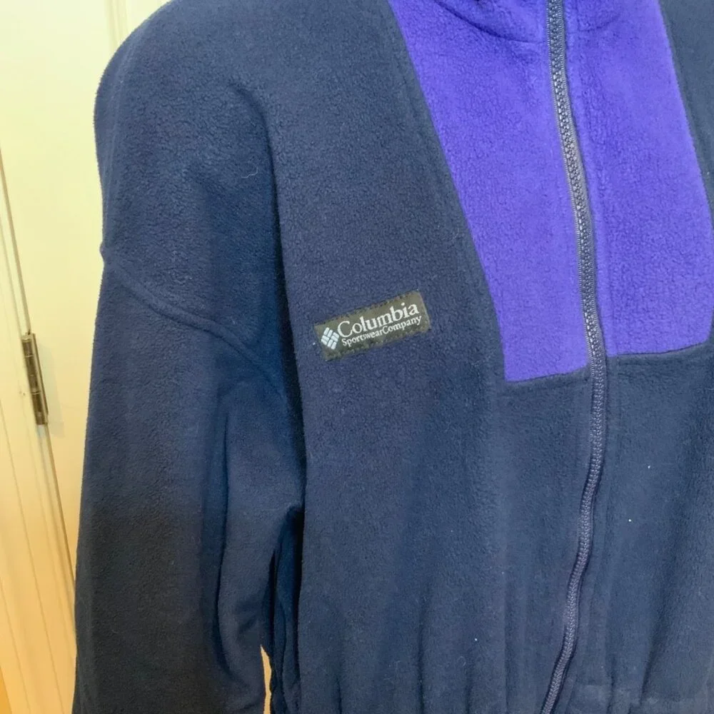 Columbia Vintage Dark Blue Zip-Up Fleece Jacket Waist Cinch,  Size L